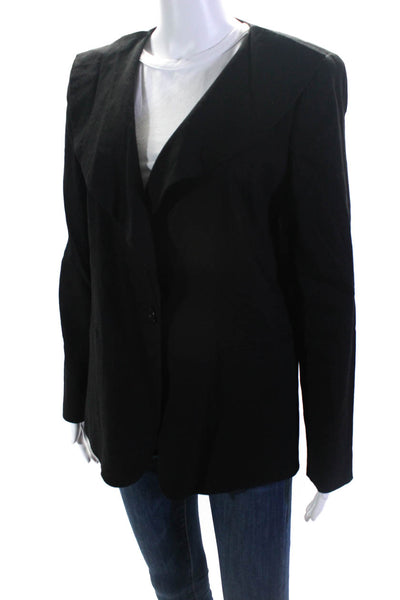 DKNY Womens Linen Buttoned Collared Draped Long Sleeve Blazer Black Size 12