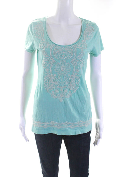 Johnny Was Womens Short Sleeve Embroidered Tee Shirt Turquoise Cotton Size Small