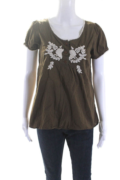 Kuhl Womens Short Sleeve Scoop Neck Embroidered Shirt Brown White Size Medium