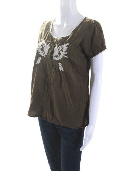 Kuhl Womens Short Sleeve Scoop Neck Embroidered Shirt Brown White Size Medium