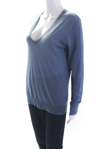 Joseph Womens Cashmere V-Neck Long Sleeve Pullover Sweater Top Blue Size M