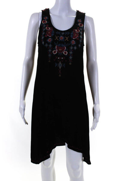 Johnny Was Womens Scoop Neck Floral Embroidered Velvet Dress Black Size Small