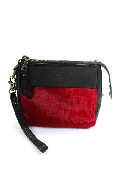 Will Leather Goods Womens Zip Top Pony Hair Trim Wristlet Handbag Black Red