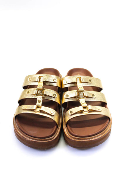 Celine Womens Triple Strap Studded Metallic Tippi Platform Sandals Gold Leather