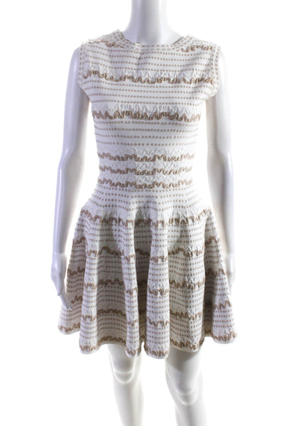 Alaia Womens Back Zip Sleeveless Scoop Neck Knit A Line Dress White Brown IT 40