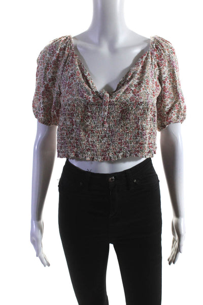 Louna Womens Floral Tie Front Smocked Top Off-White Size 12 14113256