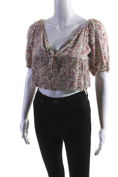 Louna Womens Floral Tie Front Smocked Top Off-White Size 12 14113256