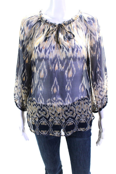 Joie Womens 100% Silk Sheer Tied V Neck Long Sleeved Blouse Blue Tan Size S