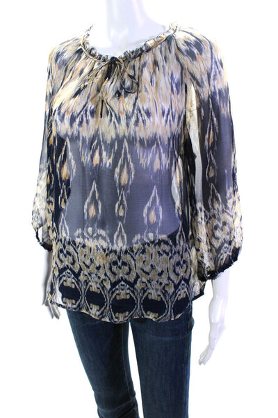 Joie Womens 100% Silk Sheer Tied V Neck Long Sleeved Blouse Blue Tan Size S