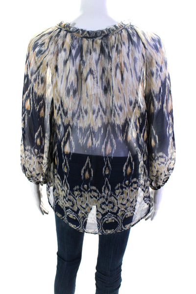 Joie Womens 100% Silk Sheer Tied V Neck Long Sleeved Blouse Blue Tan Size S