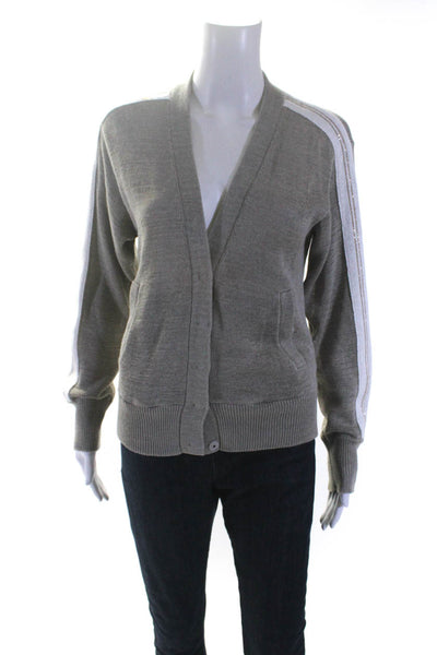 Brunello Cucinelli Womens Monili Striped Trim Cardigan Sweater Gray White Medium