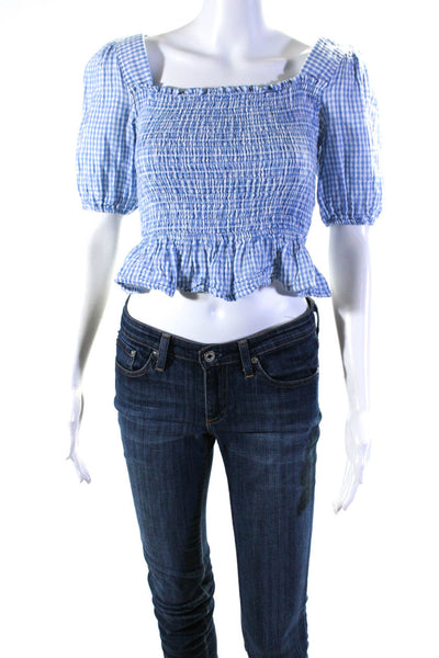 Louna Womens Gingham Smocked Top Blue Size 0 14113941