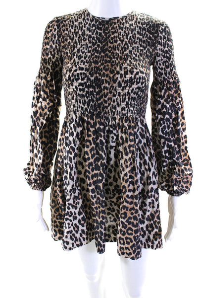 Ganni Womens Animal Print Smocked Bishop Sleeve Sheath Dress Brown Size EUR34