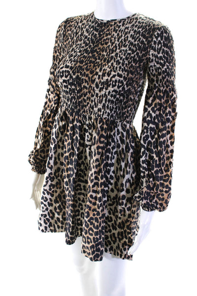 Ganni Womens Animal Print Smocked Bishop Sleeve Sheath Dress Brown Size EUR34