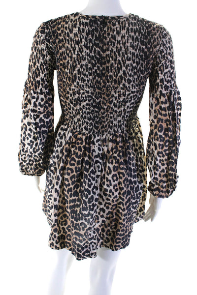 Ganni Womens Animal Print Smocked Bishop Sleeve Sheath Dress Brown Size EUR34