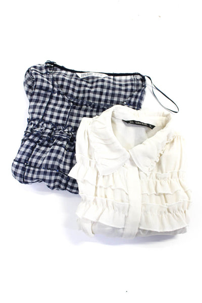 Zara Womens Check Print Buttoned Ruffled Tied Blouse Tops White Size S Lot 2