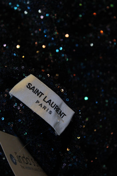 Saint Laurent Womens Blue Sequins Crew Neck Long Sleeve Mini Dress Size M