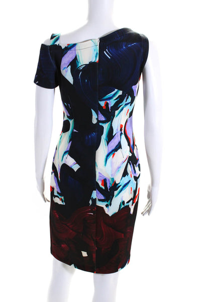 Yigal Azrouel Womens Back Zip Cold Shoulder Motif Sheath Dress Bleu Multi Size 8