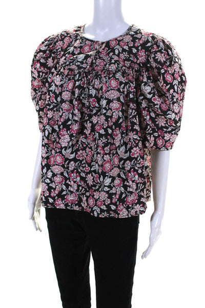 La Vie Women's Cotton Short Sleeve Floral Print V-Neck Blouse Pink Size L