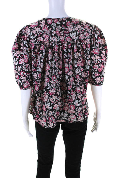 La Vie Women's Cotton Short Sleeve Floral Print V-Neck Blouse Pink Size L
