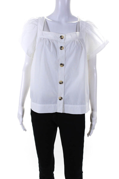 Point Sur Womens Cotton Short Sleeve Square Neck Button Down Blouse White Size L