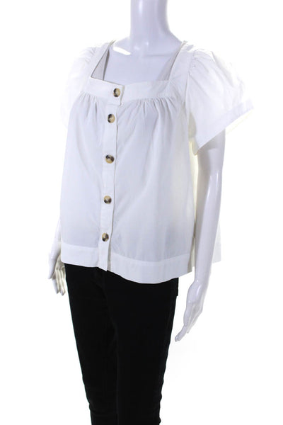 Point Sur Womens Cotton Short Sleeve Square Neck Button Down Blouse White Size L