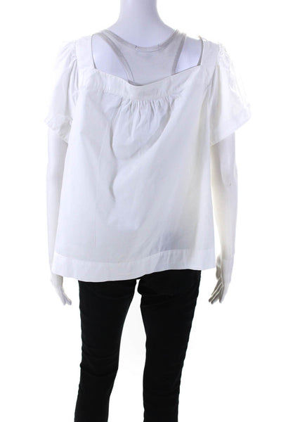 Point Sur Womens Cotton Short Sleeve Square Neck Button Down Blouse White Size L