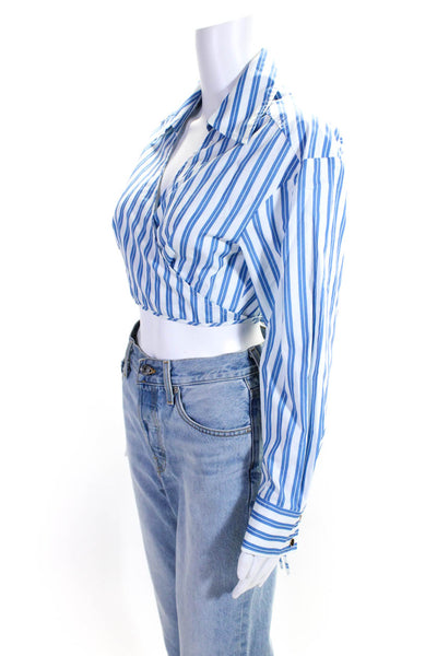 Toccin Womens Cotton Striped Collared Crop Wrap Top Blouse Blue White Size S