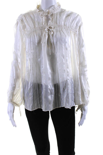 Sandro Womens White Metallic Striped Silk V-Neck Long Sleeve Blouse Top Size M