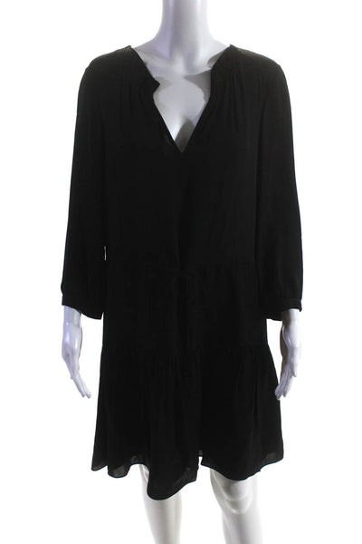 Rebecca Taylor Womens 3/4 Sleeve V Neck Drawstring Silk Shift Dress Black Size 4