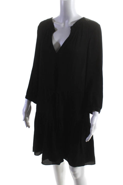 Rebecca Taylor Womens 3/4 Sleeve V Neck Drawstring Silk Shift Dress Black Size 4