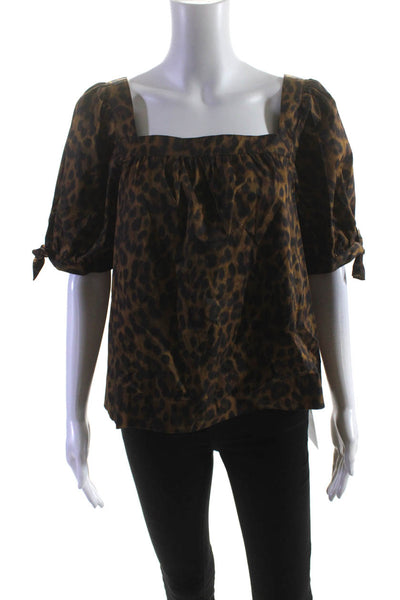 Rebecca Minkoff Womens Short Sleeve Square Neck Leopard Shirt Brown Size Small