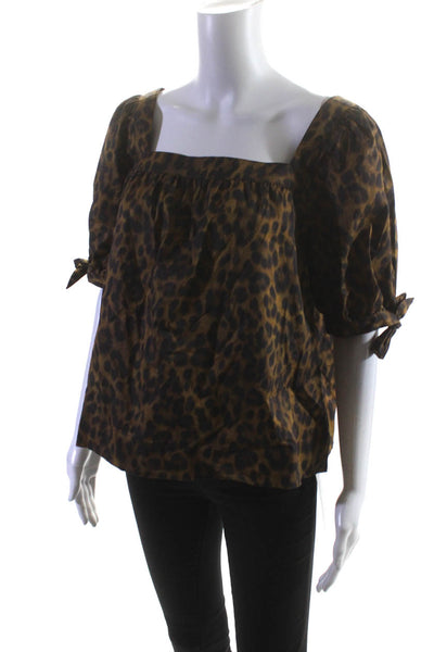 Rebecca Minkoff Womens Short Sleeve Square Neck Leopard Shirt Brown Size Small