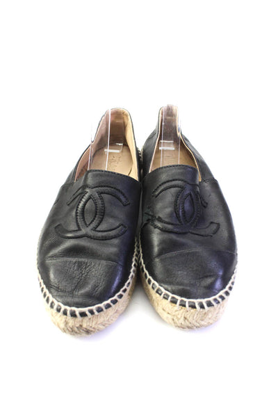 Chanel Womens Slip On Interlocking CC Espadrilles Loafers Black Soft Leather 37