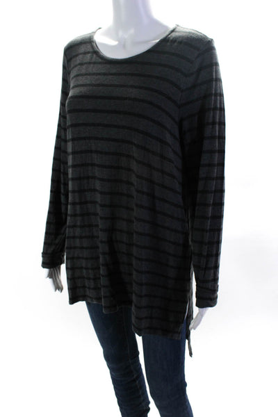 Eileen Fisher Womens Striped Print Round Neck Long Sleeve Top Gray Size L