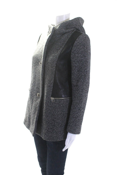 Sandro Womens Wool Leather Trim Toggle Closure Hooded Jacket Coat Black Size 36