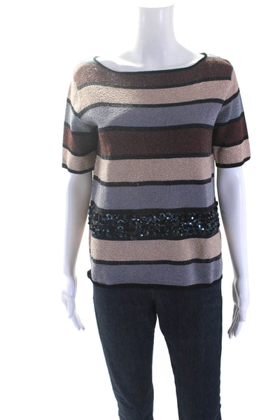 Alysi Womens Striped Sequined Short Sleeves Sweater Multi Colored Size Extra Sma