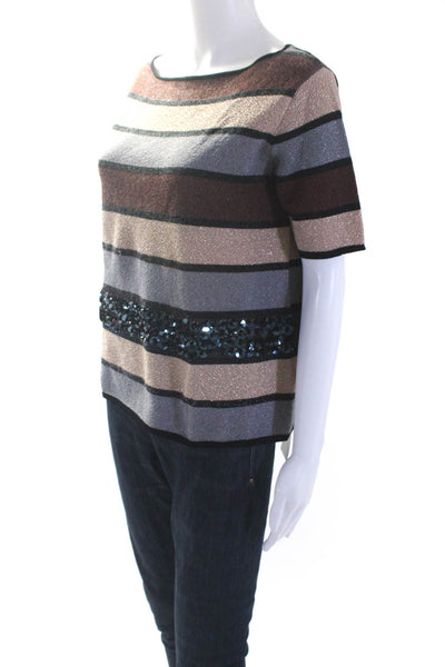 Alysi Womens Striped Sequined Short Sleeves Sweater Multi Colored Size Extra Sma