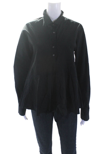Ottod Ame Womens Half Button Down Long Sleeves Shirt Black Cotton Size 4