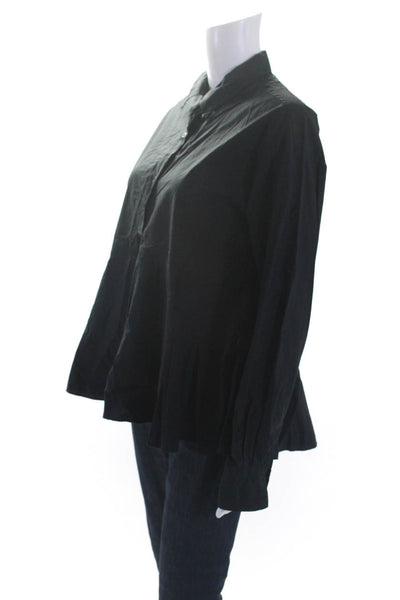 Ottod Ame Womens Half Button Down Long Sleeves Shirt Black Cotton Size 4