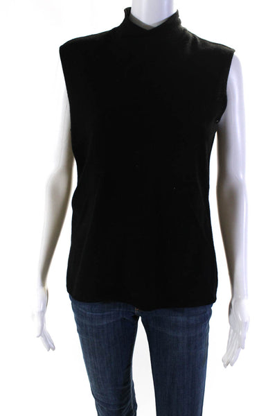 Escada Womens Wool Knit Mock Neck Button Up Sleeveless Sweater Top Black Size 40