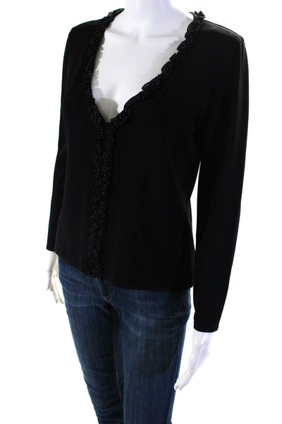 Escada Womens Polka Dot Ruffled V-Neck Long Sleeve Sweater Top Black Size 38