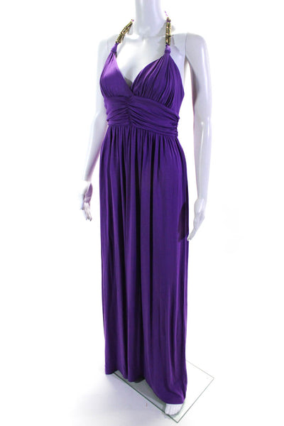 Tart Womens Jersey Knit Ruched Beaded Halter Neck Long Sundress Purple Size M