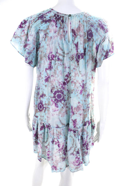 The Westside Womens Tie Dye Pintuck Short Sleeve Shift Dress Blue Purple Size XS