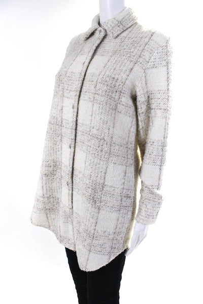 BB Dakota Steve Madden Womens Check Tweed Long Snap Jacket White Brown XS