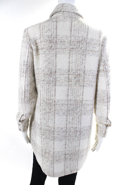 BB Dakota Steve Madden Womens Check Tweed Long Snap Jacket White Brown XS