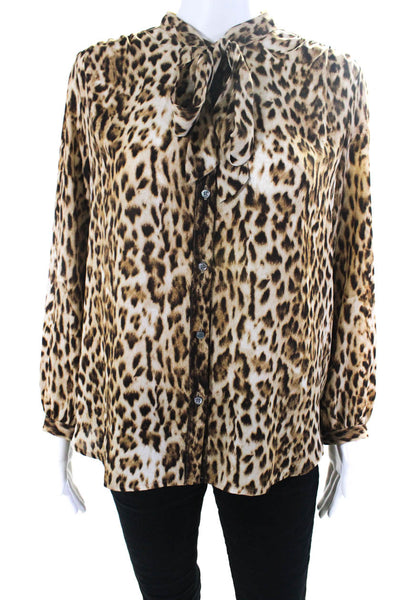 J Crew Womens Long Sleeve Button Front Tie Neck Leopard Shirt Brown Size Small