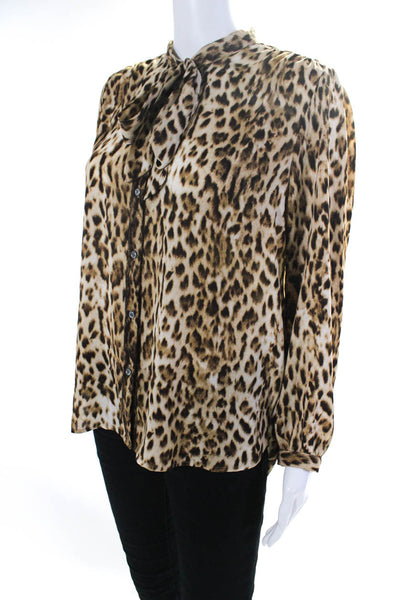 J Crew Womens Long Sleeve Button Front Tie Neck Leopard Shirt Brown Size Small