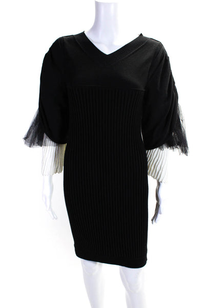 Chanel Womens Back Zip Tulle Puff Sleeve Ribbed Sweater Dress Black FR 36 09P