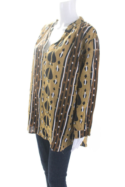 Felix Womens Abstract Print Long Sleeve V-Neck Tunic Top Blouse Beige Size OS